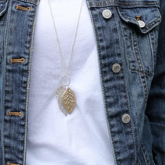 Gold Silver Two Tone Filigree Fall Leaf Pendant Long Necklace Chic Sweater Chain - Picture 4 of 9